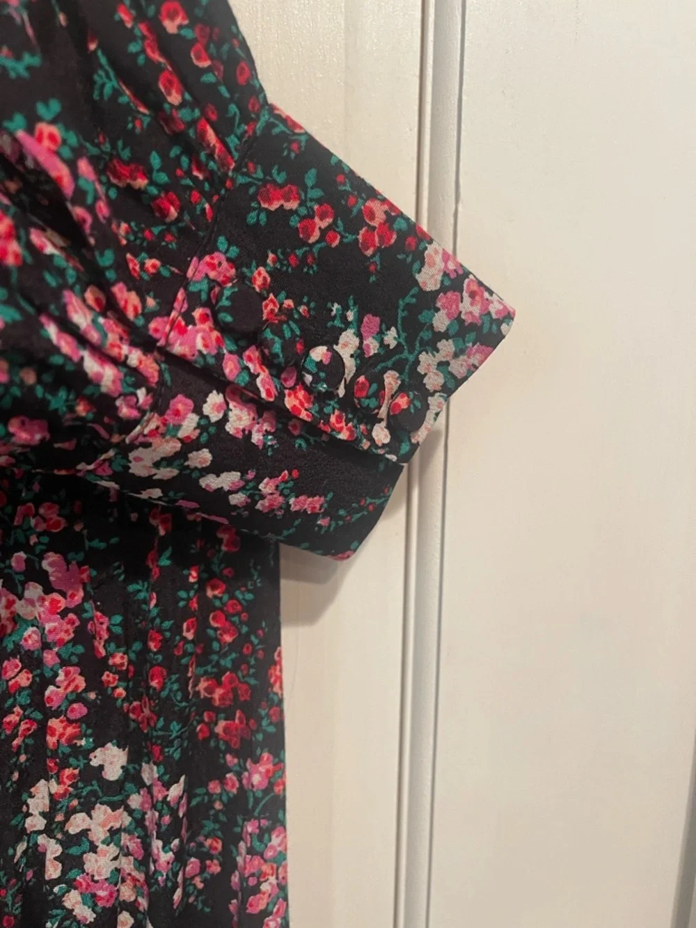 J. Crew Black Floral Long-Sleeve Blouse with Pink and Red Blossoms